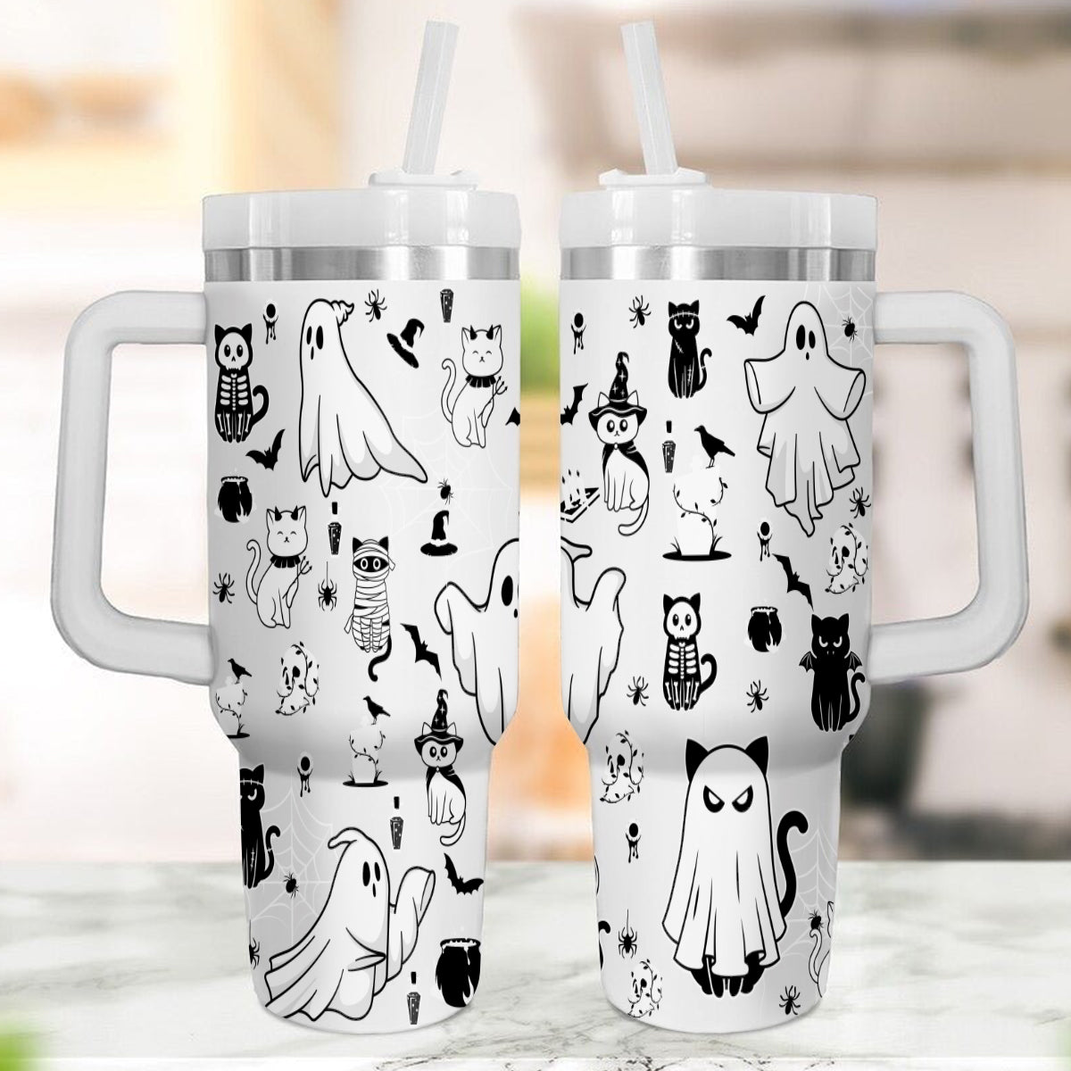 Petthouse | Halloween Ghost Doodles  40oz Tumbler, Spooky Black Stainless Steel Cup, Ghost Cute Spooky Season