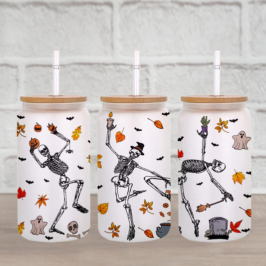 Petthouse | Personalized Halloween Dancing Skeleton Glass Can, Lover Gift Skeleton, Spooky Season Gift