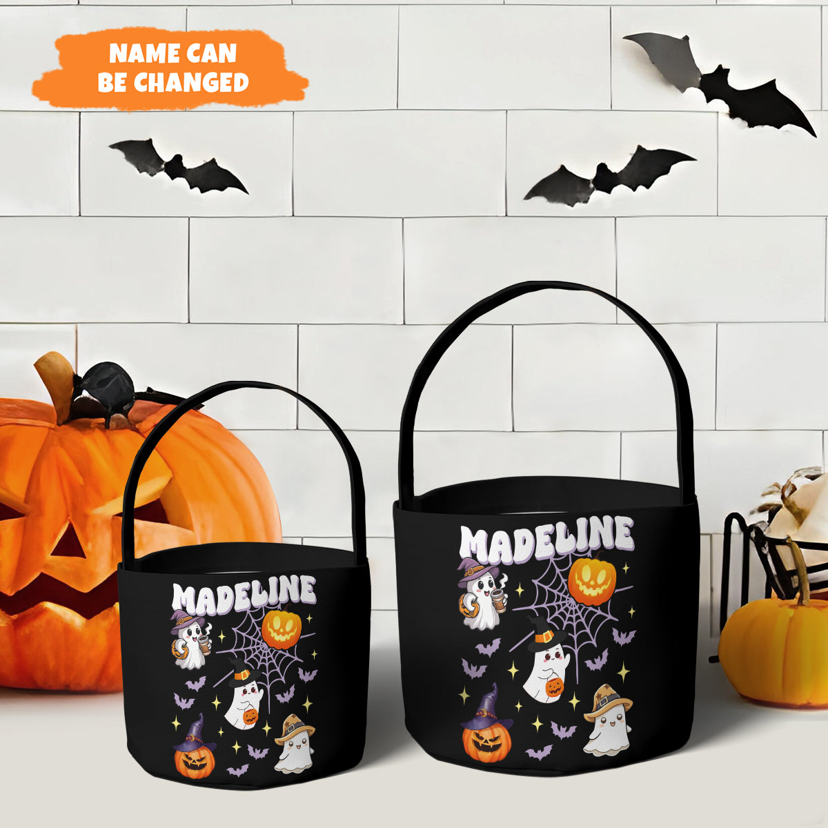 Petthouse | Custom Halloween Trick Or Treat Bag, Pumpkin And Ghost, Kids Name Trick-or-treat Candy Basket