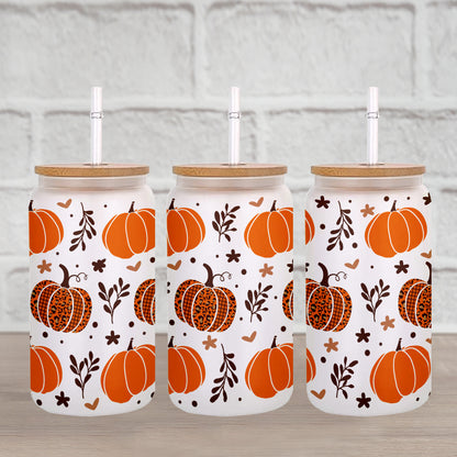 Petthouse | Fall Pumpkins Glass Can, Fall Pumpkins Glass Tumbler, Fall Coffee Glass, Leopard Pumpkin