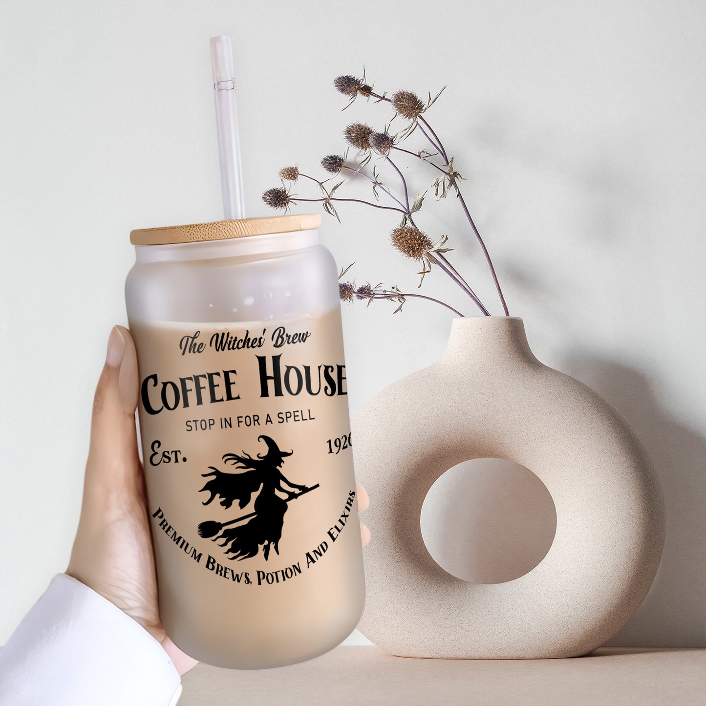 Petthouse | Witches Brew Coffee House Glass Can, Halloween Witchy Cup, Coffee House Witch Spooky Vibes