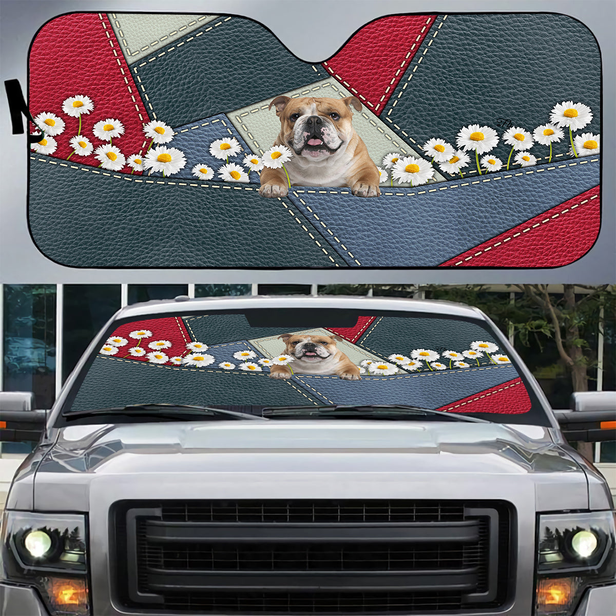 Petthouse | English Bulldog Sun Shade Dog Chamomile Windshield Sun Shade Leather Patchwork