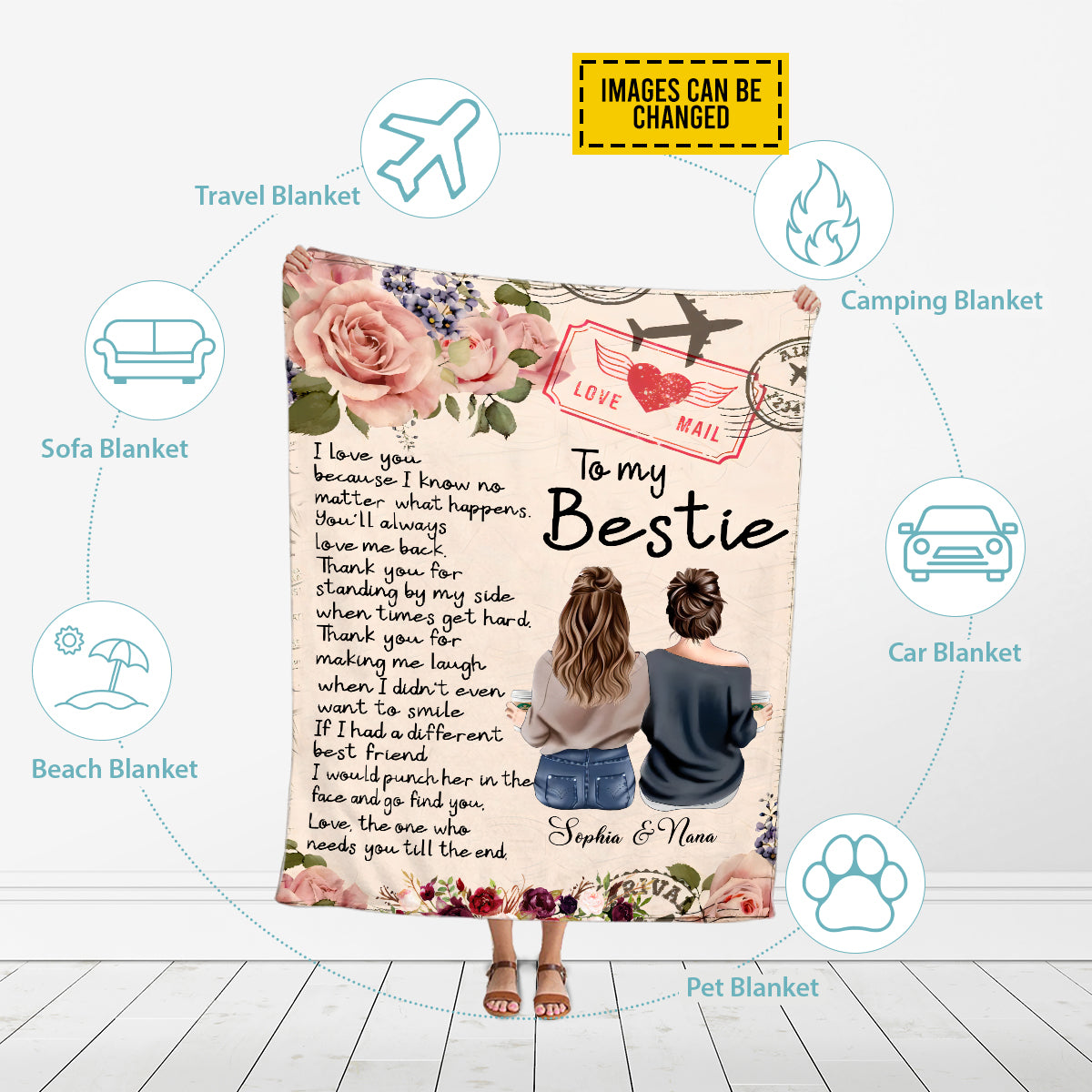 Petthouse | Customized To My Bestie Fleece Blanket, Best Friend Throw Blanket, Floral Cozy Blanket, Soulmate Travel