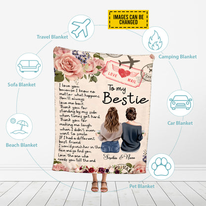 Petthouse | Customized To My Bestie Fleece Blanket, Best Friend Throw Blanket, Floral Cozy Blanket, Soulmate Travel