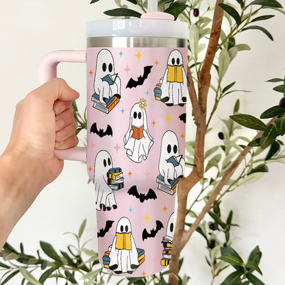 Petthouse | Cute Ghost Reading 40oz Tumbler, Halloween Bookish 40oz Tumbler, Spooky Ghost Reading Tumbler