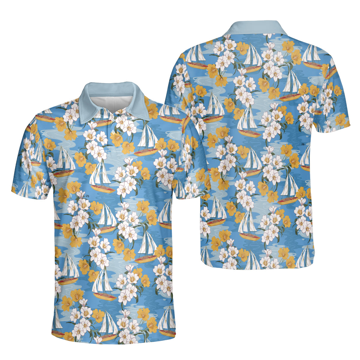 Petthouse | Customized Picture Island Tropical Ocean Sail Boat Hibiscus Seamless Pattern Polo Shirt Summer Vacation