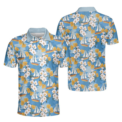 Petthouse | Customized Picture Island Tropical Ocean Sail Boat Hibiscus Seamless Pattern Polo Shirt Summer Vacation