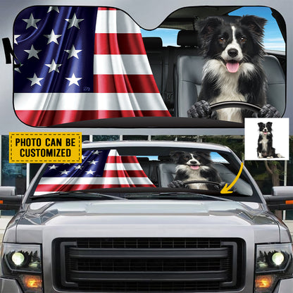 Petthouse | Custom Photo Dog Sunshade American Flag Windshield Sun Shade Border Collie Dog Driver Car