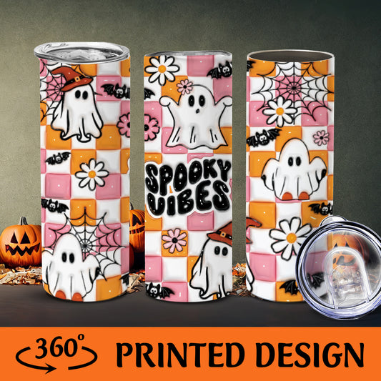 Petthouse | Cute Ghost On The Chessboard Skinny Tumbler,  3d Inflated Checkered Spooky Season Ghost