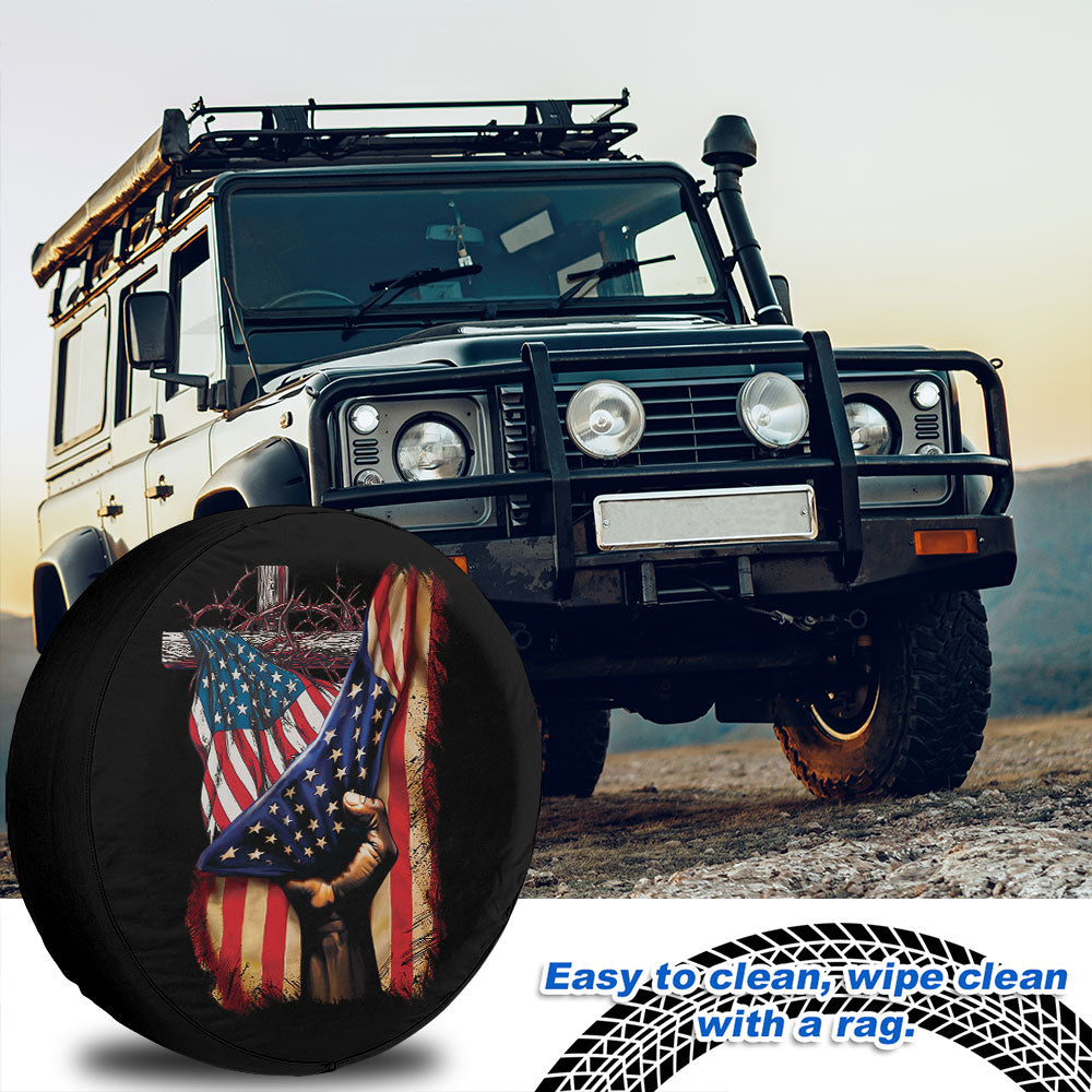 Petthouse | Cross Thorn Crown American Flag Spare Tire Cover American Patriot Wheel Cover Christian Religion Gift