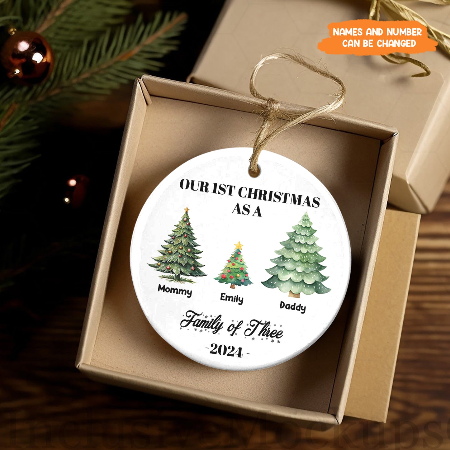 Petthouse | Personalized Family Of Three Christmas Ornament, Baby's First Xmas Ornament, First Christmas