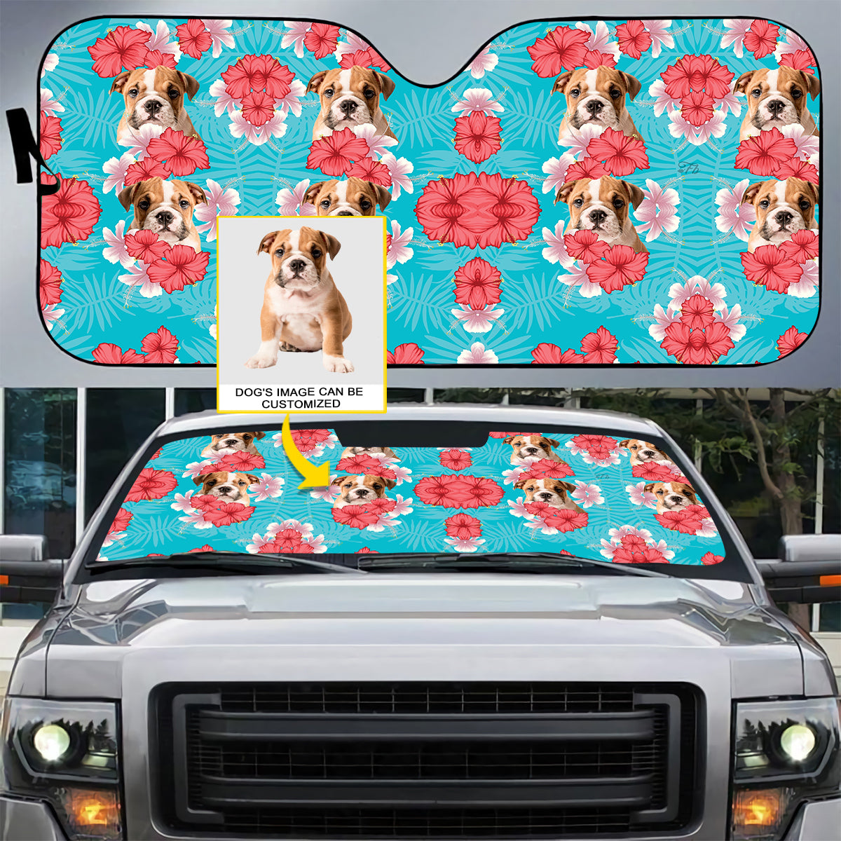 Petthouse | English Bulldog Windshield Sun Shade Customized Photo Car Window Sunshade Hawaii Pattern