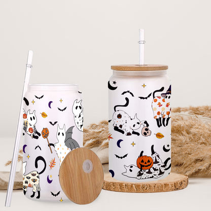 Petthouse | Halloween Ghost Cats Glass Can Cup, Pooky Season Coffee Mug, Iced Coffee Cup, Ghost Cat Coffee