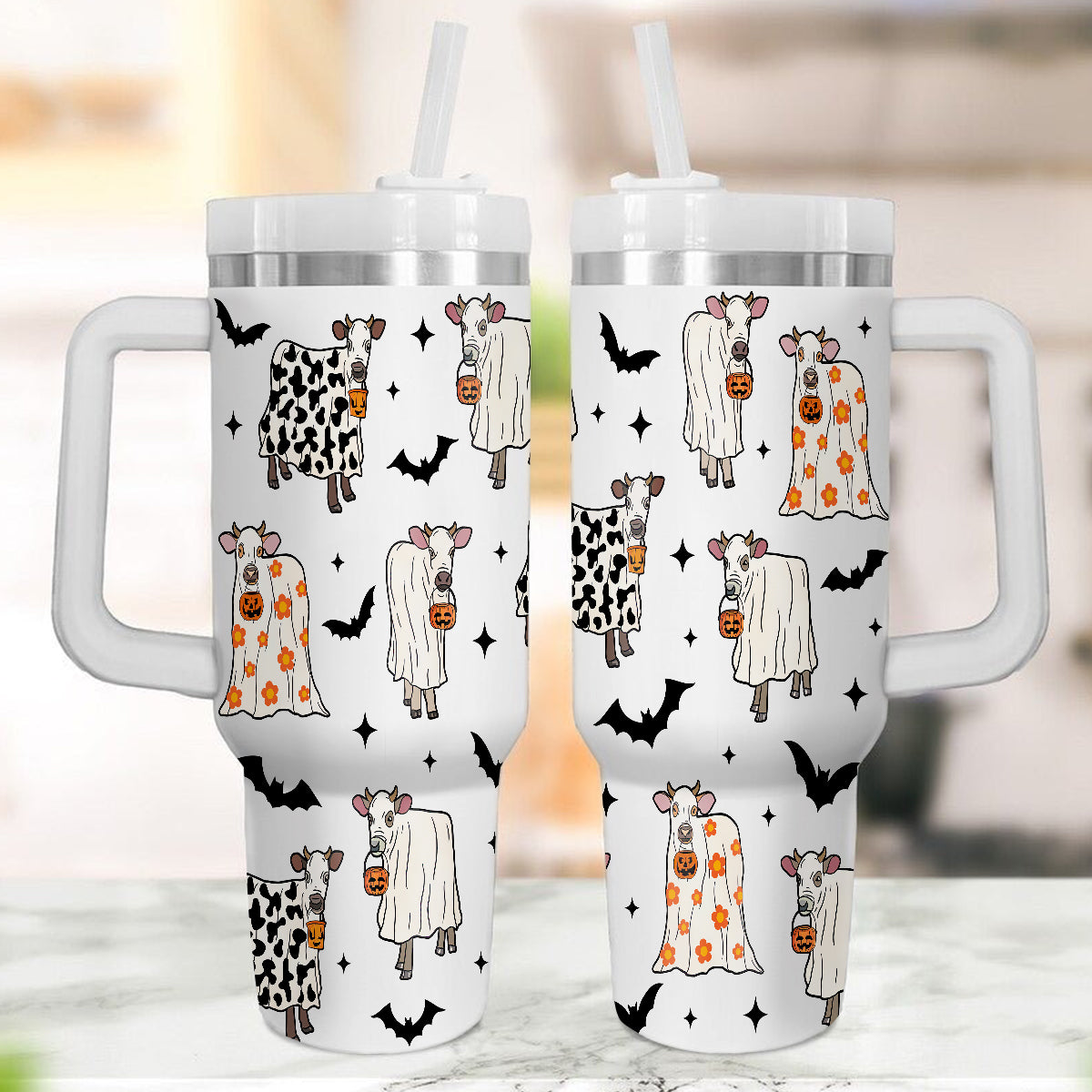 Petthouse | Halloween Cow Ghost 40oz Tumbler, Funny Ghost Cow Pumpkin Halloween Tumbler, Spooky Cow