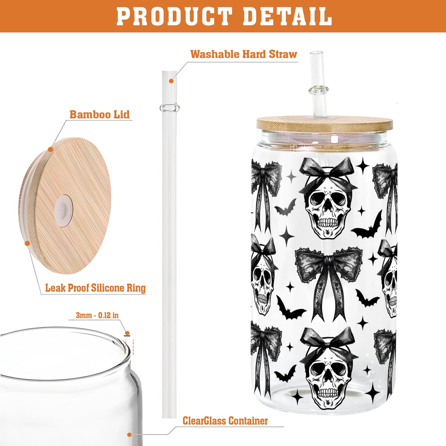 Petthouse | Halloween Skull Black Bow Glass Can, Retro Halloween Glass Can, Halloween Spooky Season Glass