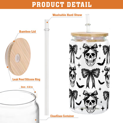 Petthouse | Halloween Skull Black Bow Glass Can, Retro Halloween Glass Can, Halloween Spooky Season Glass