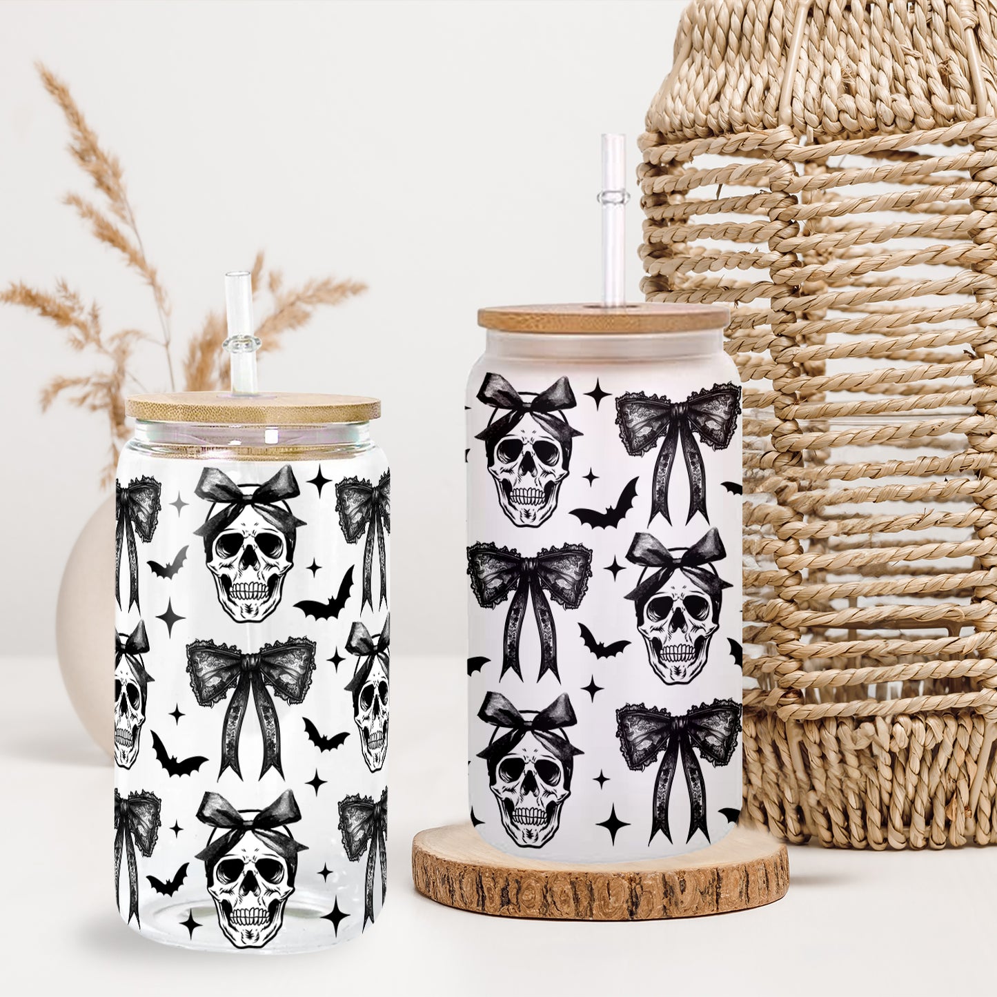 Petthouse | Halloween Skull Black Bow Glass Can, Retro Halloween Glass Can, Halloween Spooky Season Glass