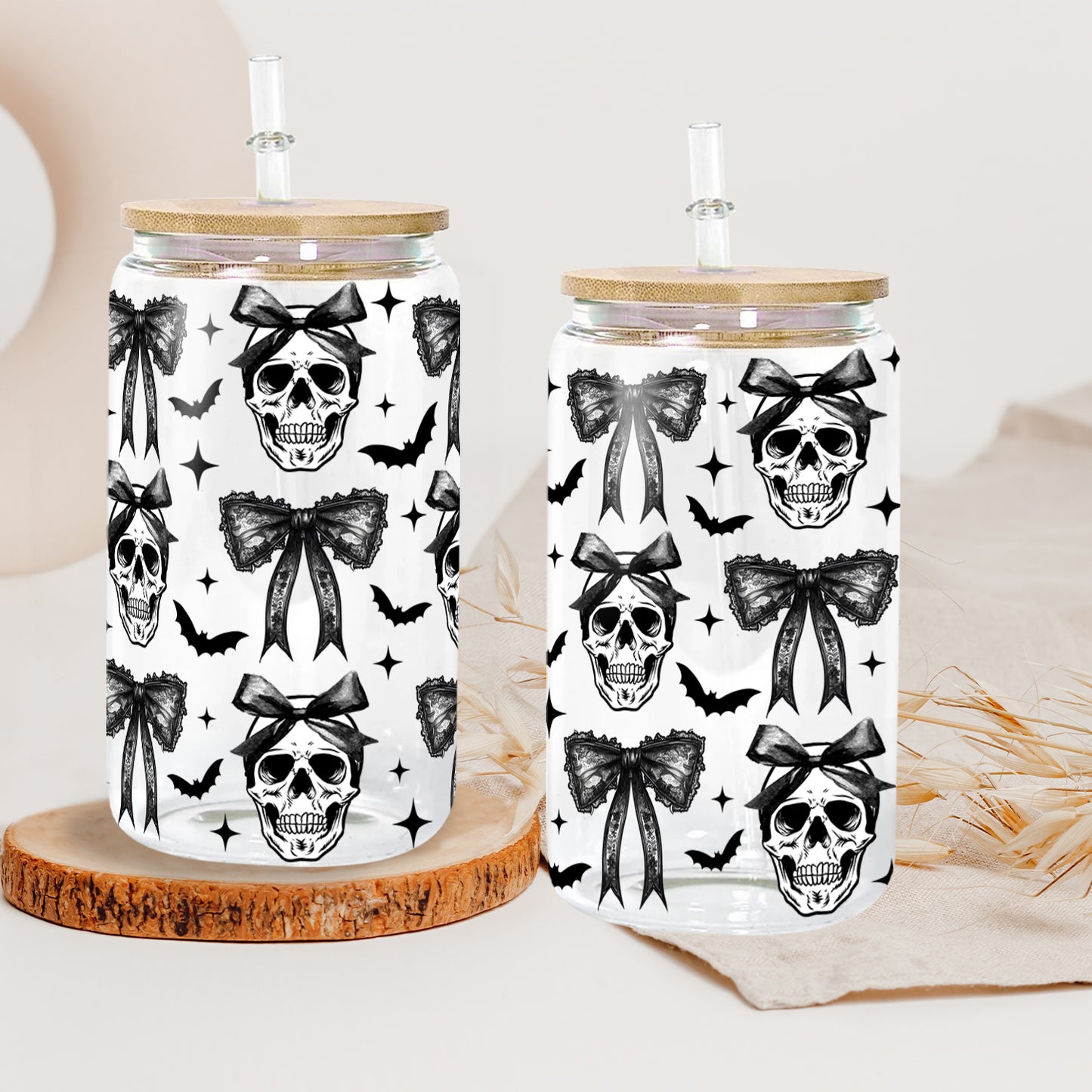 Petthouse | Halloween Skull Black Bow Glass Can, Retro Halloween Glass Can, Halloween Spooky Season Glass