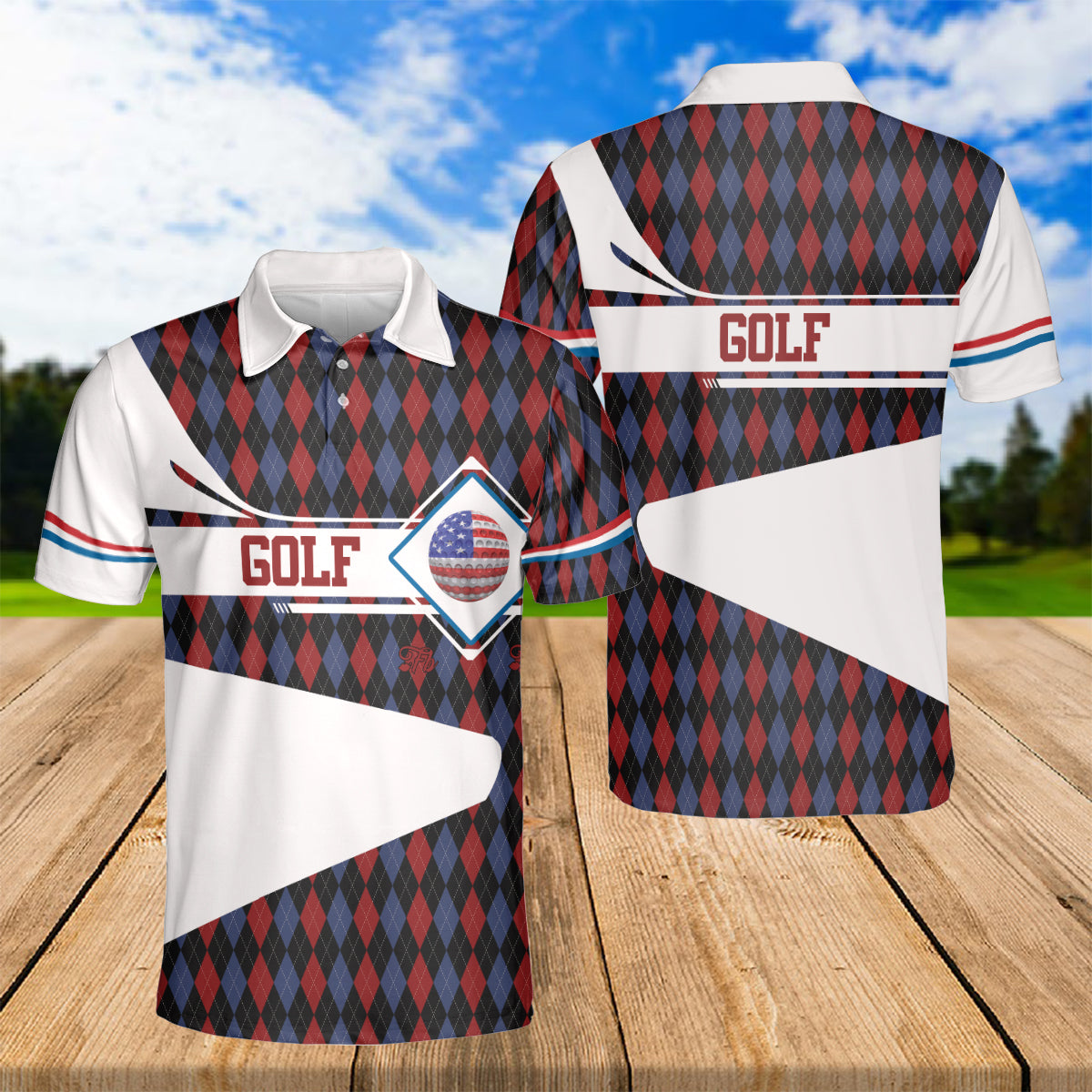 Petthouse | Golf Polo Shirt Golf American Flag Pattern Golf Argyle Seamless Golfer Gift Polo For Golf Players Daddy