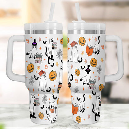 Petthouse | Halloween Cat Ghost Reading 40oz Tumbler, Spooky Cat Bookish Stainless Steel Tumbler, Ghost Cat