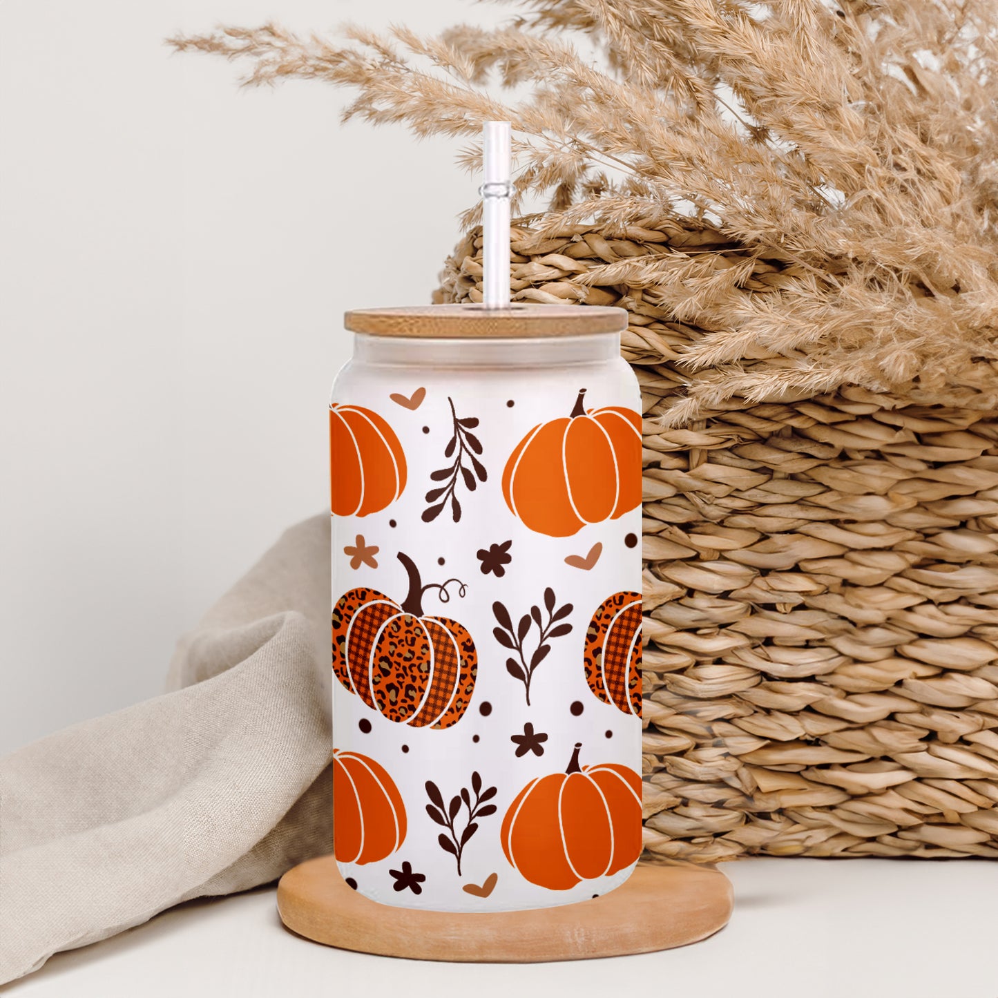 Petthouse | Fall Pumpkins Glass Can, Fall Pumpkins Glass Tumbler, Fall Coffee Glass, Leopard Pumpkin