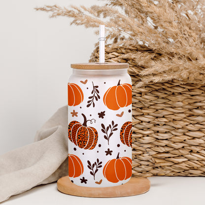 Petthouse | Fall Pumpkins Glass Can, Fall Pumpkins Glass Tumbler, Fall Coffee Glass, Leopard Pumpkin