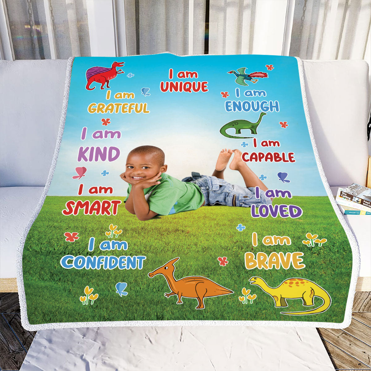 Petthouse | Dinosaur Grandson Picture Blanket Personalized Photo, Grandson I Am Unique, Positive Confirmation