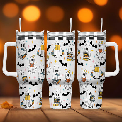 Petthouse | Cute Ghost Reading 40oz Tumbler, Halloween Bookish 40oz Tumbler, Spooky Ghost Reading Tumbler