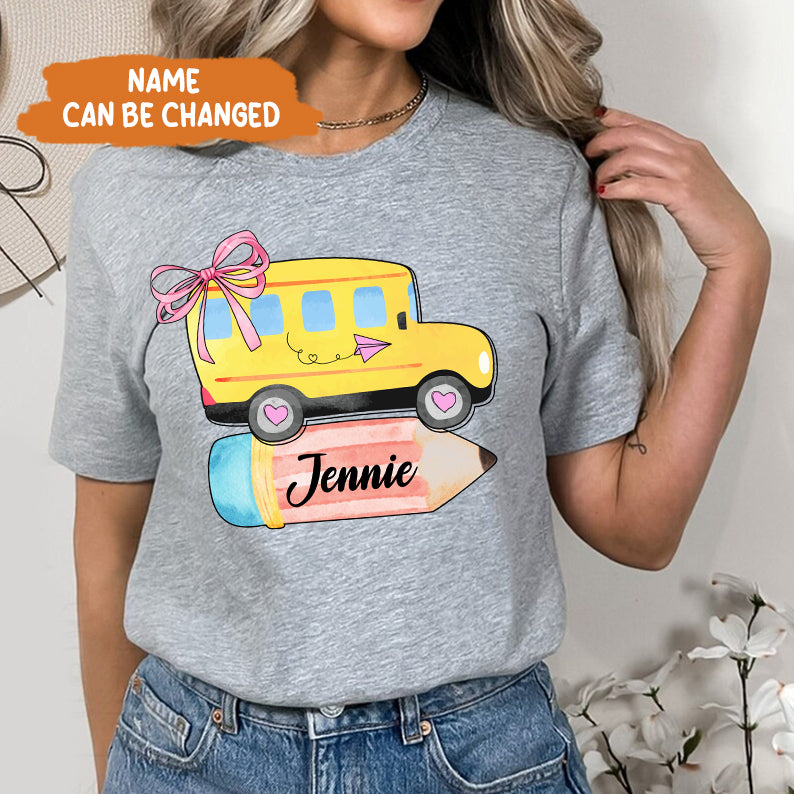 Petthouse | Personalized School Bus With Name Bow Shirt, Coquette Back To School Shirt, School Girl