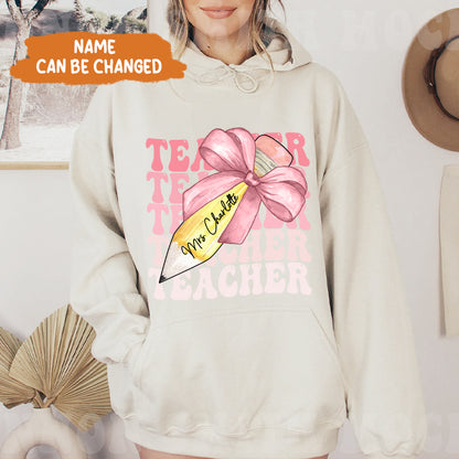 Petthouse | Custom Teacher Pencil Coquette Bow Shirt, Teach Love Inspire Techer Back To School