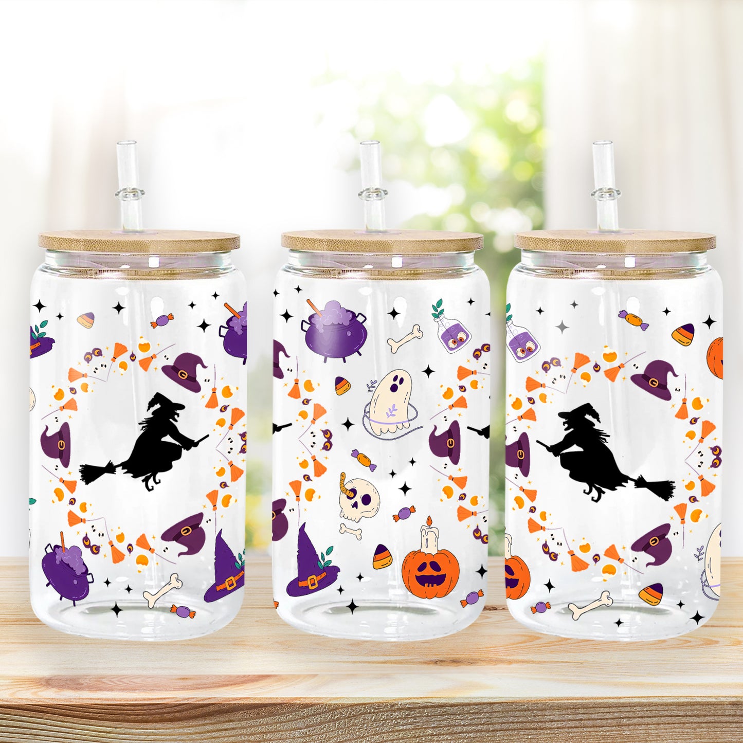 Petthouse | Halloween Vibes Glass Can, Witch Halloween Glass Cup, Cute Ghost Ice Coffee Cup, Halloween Gift