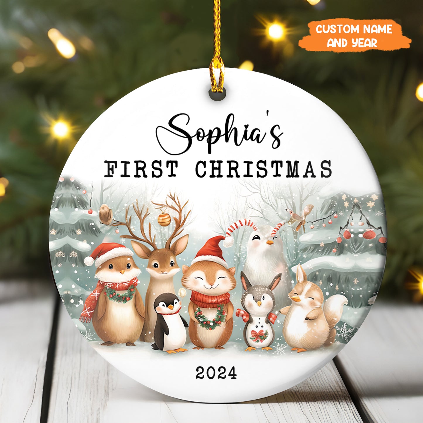 Petthouse | Baby First Christmas Ornament, Personalized Woodland Creatures Ceramic Ornament, Xmas Gift