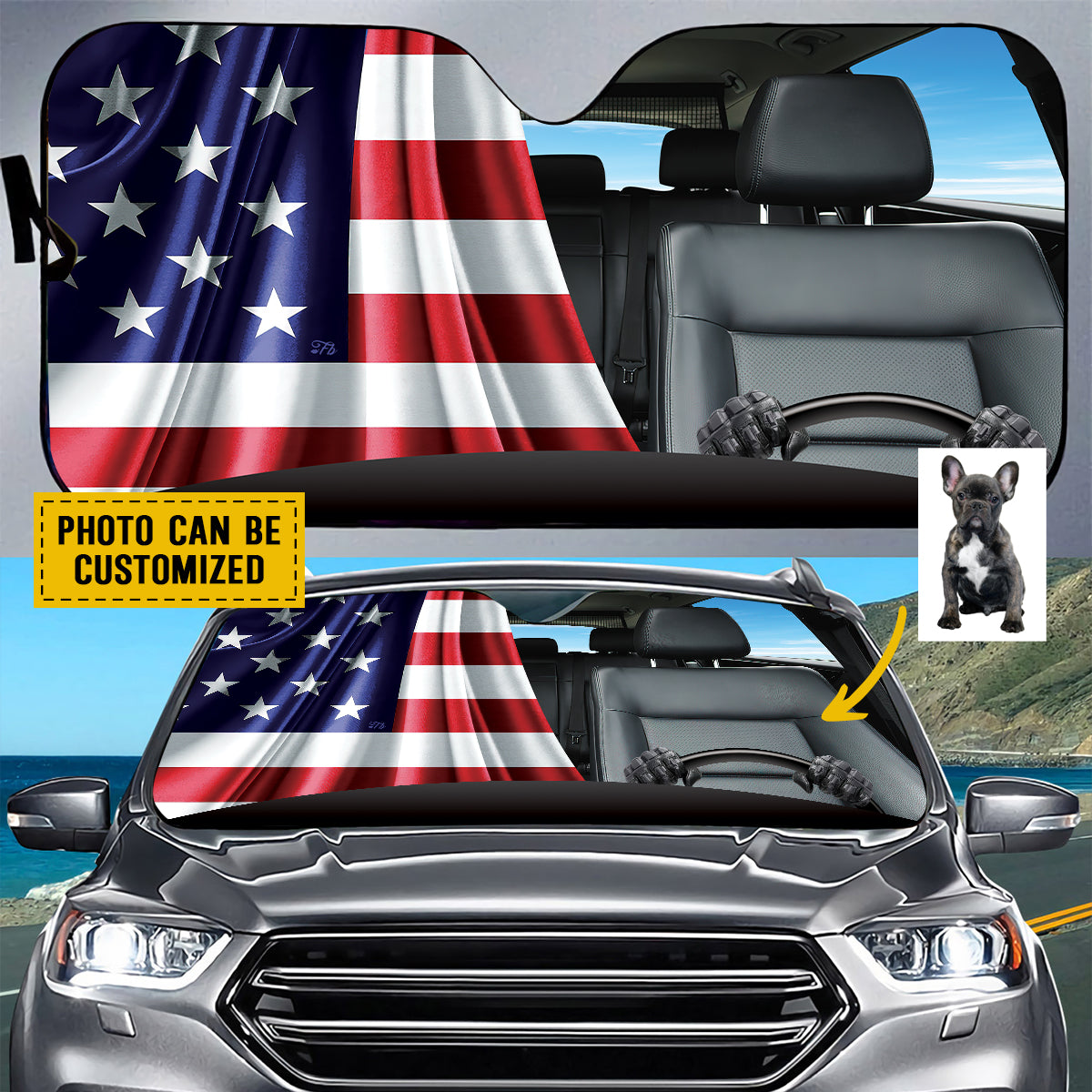 Petthouse | Custom Photo Sun Shade Windshield Sun Shade Dog Sunshade American Flag Patriot Car Sun Shade