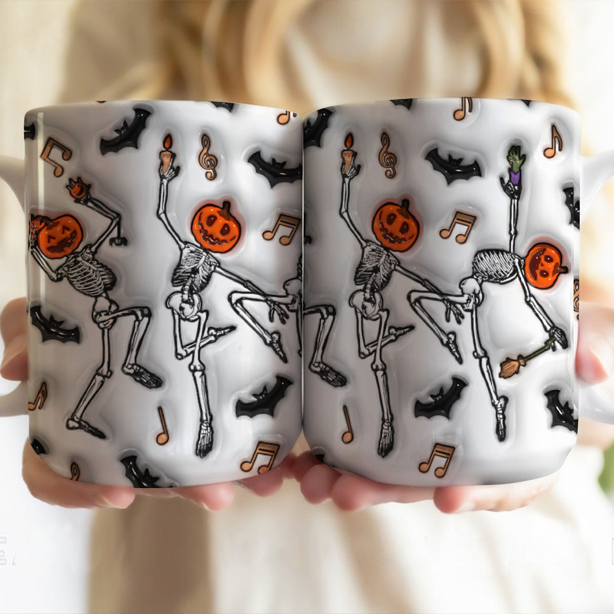 Petthouse | Halloween Skeleton Pumpkin Inflated 3d Mug, Dancing Skeleton Fall Mug, Halloween Coffee