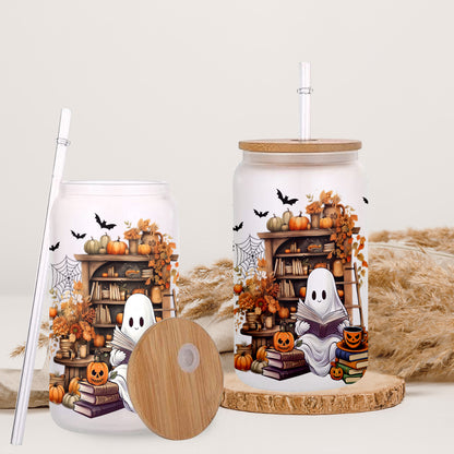 Petthouse | Cute Ghost Reading Book Glass Can, Ghostly Bookish Cup, Housewarming Party, Halloween Book