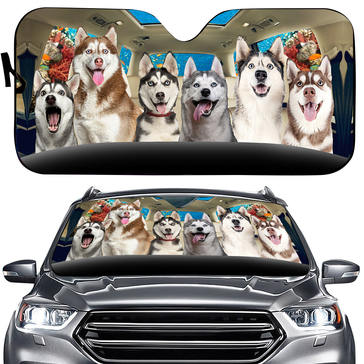 Petthouse | Husky Siberian Under The Sea Car Windshield Sun Shade Smiling Dog Car Window Sunshade Dog Lover