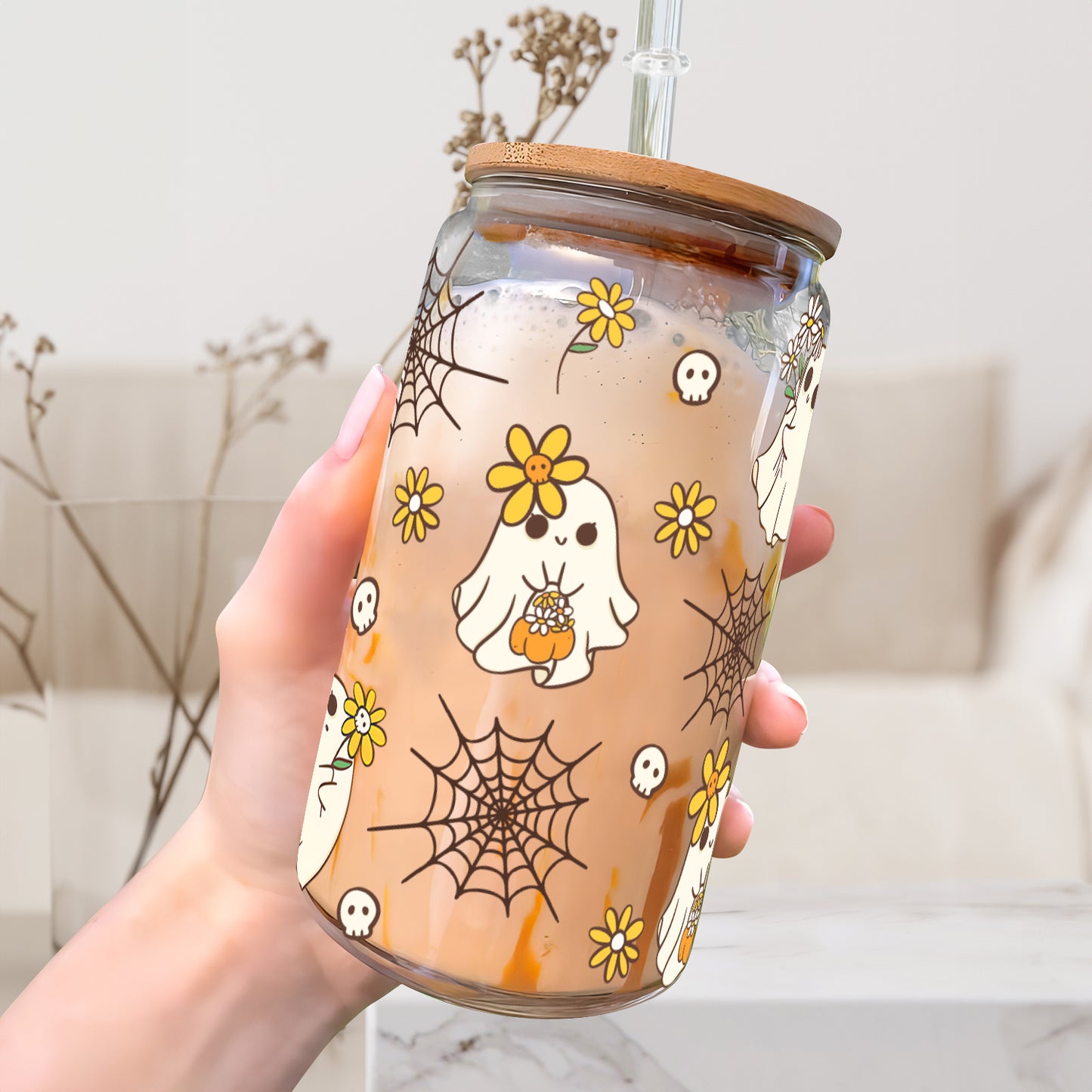 Petthouse | Halloween Ghost Cute Glass Can, Ghost Spooky Vibes Glass Can, Spooky Cute Glass Tumbler Cup Wrap