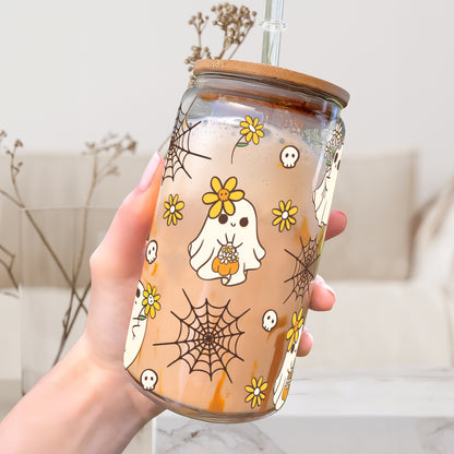 Petthouse | Halloween Ghost Cute Glass Can, Ghost Spooky Vibes Glass Can, Spooky Cute Glass Tumbler Cup Wrap