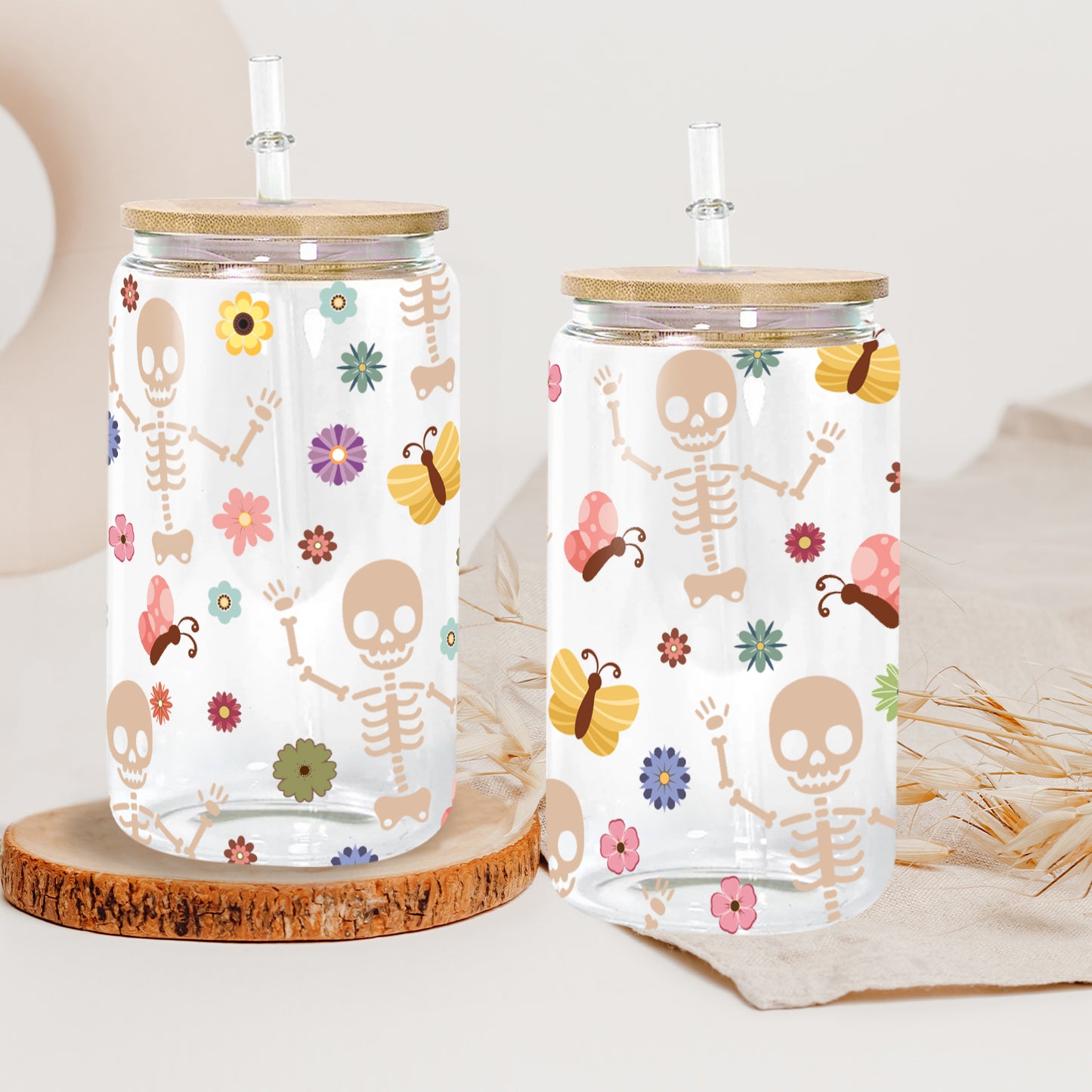 Petthouse | Skeleton Halloween Glass Can, Floral Skeleton Glass Can, Halloween Skeleton Coffee