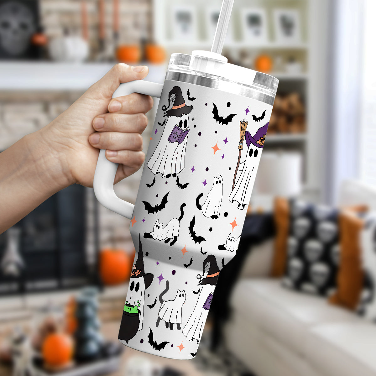 Petthouse | Spooky Vibes Ghost Cat 40oz Tumbler, Halloween Ghost Cat, Spooky Black Cat Cup, Cat Lover