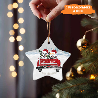 Petthouse | Custom Dog Xmas Ornament, Dogs On Red Truck, Dog Lover Gift, Christmas Decor, Christmas Tree