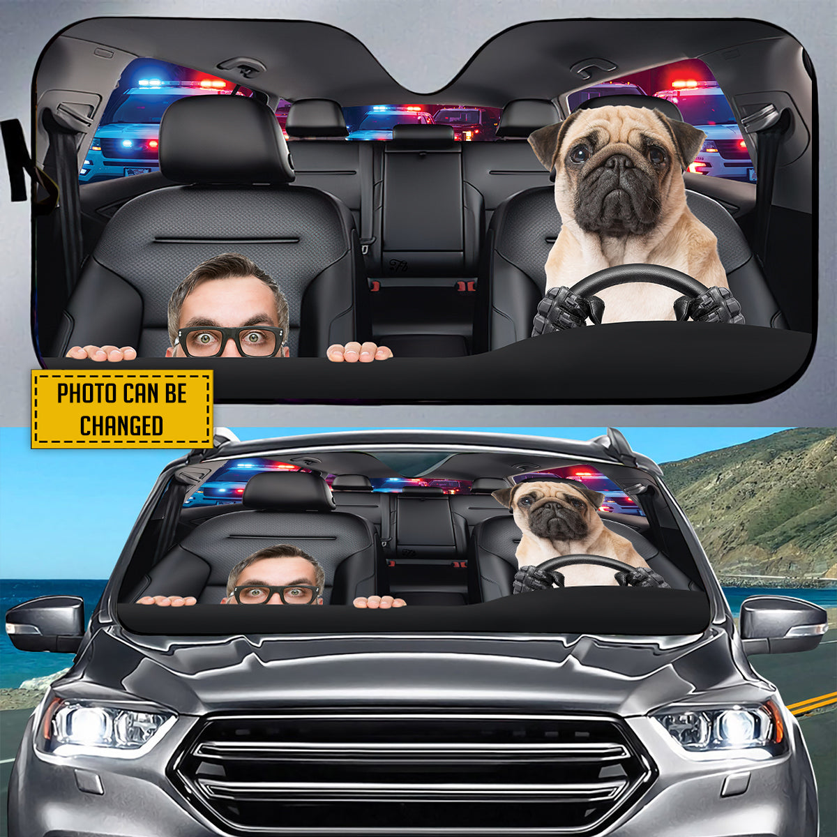 Petthouse | Customized Dog's Photo Windshield Sun Shade Pug Help Me Police Automotive Interior Sun Protection