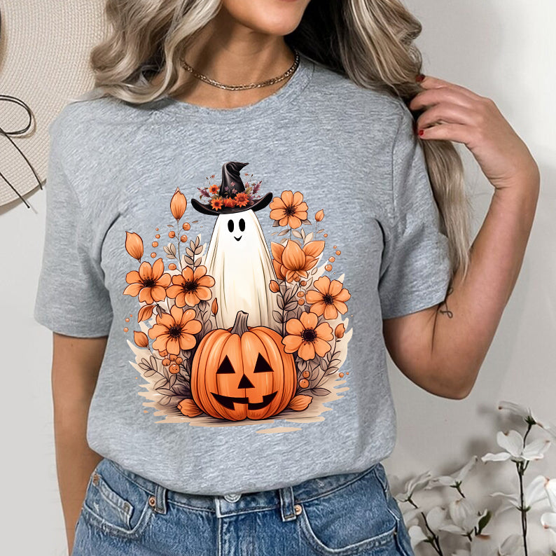 Petthouse | Cute Ghost Pumpkin T-shirt, Fall Autumn Halloween, Floral Ghost Pumpkin, Halloween Shirt