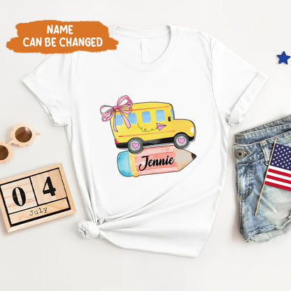 Petthouse | Personalized School Bus With Name Bow Shirt, Coquette Back To School Shirt, School Girl