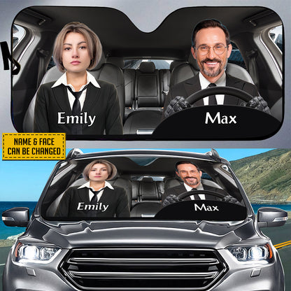 Petthouse | Customize Gangster Couple Windshield Sun Shade With Face City Tower Background Sun Visor For Car