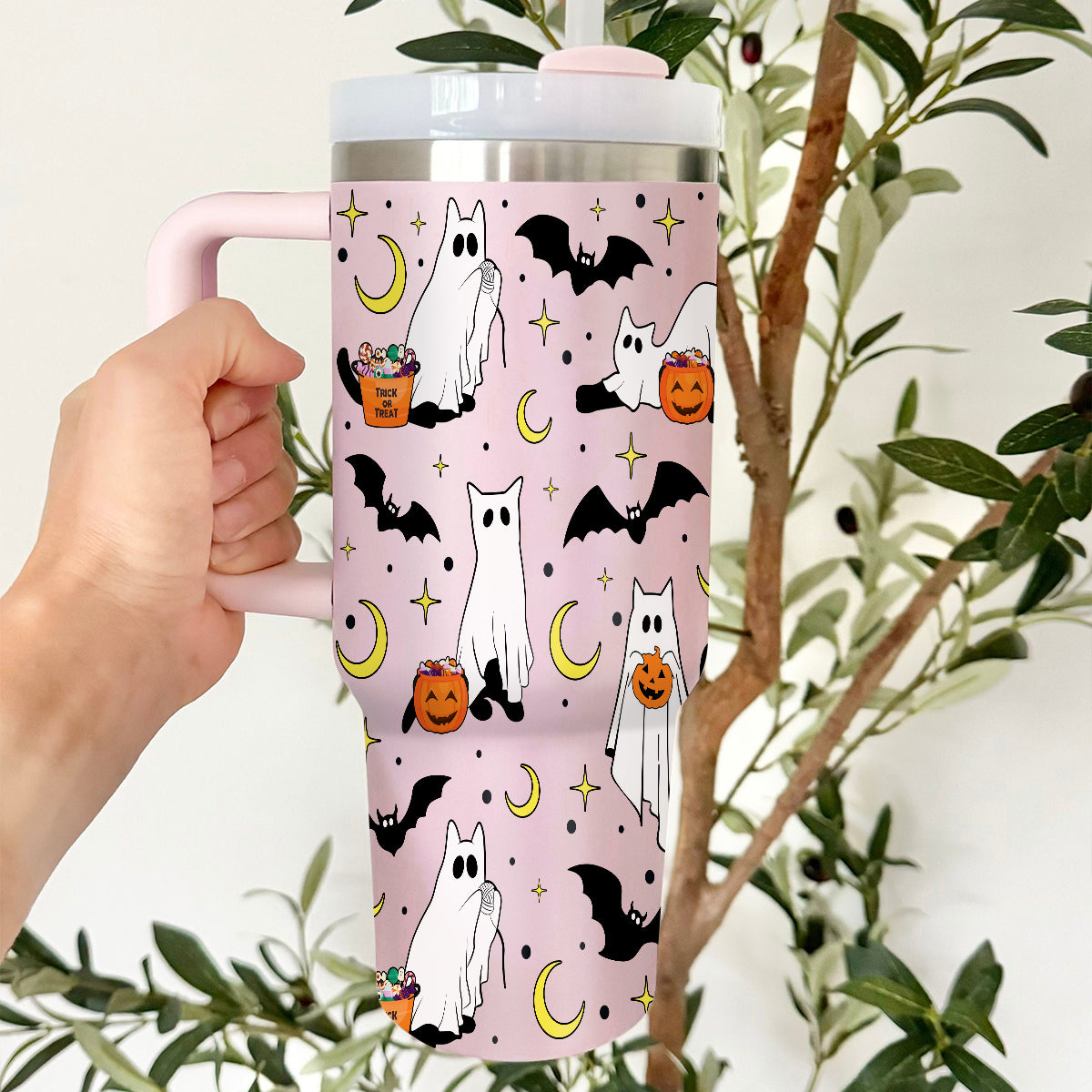 Petthouse | Сute Ghost Cat Tumbler 40oz, Halloween Ghost Cat Tumbler, Spooky Black Cat Stainless Steel Cup, Cat Lovers