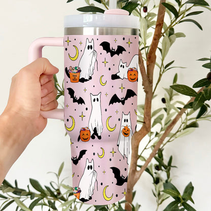 Petthouse | Сute Ghost Cat Tumbler 40oz, Halloween Ghost Cat Tumbler, Spooky Black Cat Stainless Steel Cup, Cat Lovers