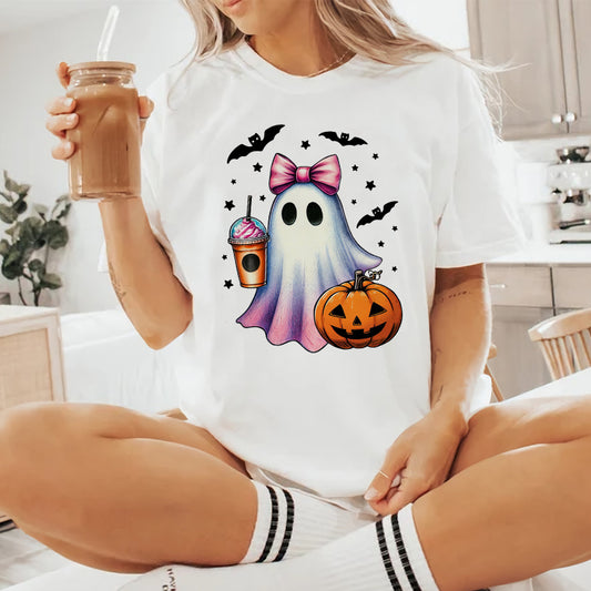 Petthouse | Halloween Ghost Shirt, Retro Ghost Coffee Pumpkin Halloween Shirt, Cute Ghost Coffee