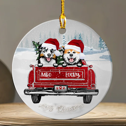 Petthouse | Custom Dog Xmas Ornament, Dogs On Red Truck, Dog Lover Gift, Christmas Decor, Christmas Tree