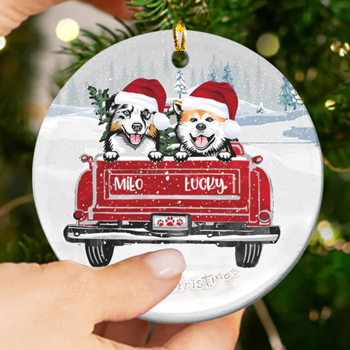 Petthouse | Custom Dog Xmas Ornament, Dogs On Red Truck, Dog Lover Gift, Christmas Decor, Christmas Tree